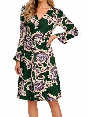 Leota Emerald Green Floral Faux Wrap Midi Dress with Cream & Lavender Print